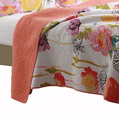 3 Piece Cotton Full Size Quilt Set with Stencil Flower Print, Multicolor