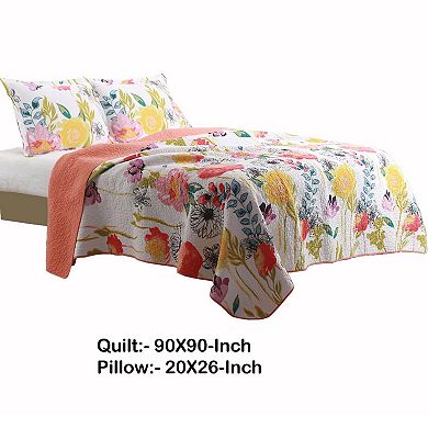 3 Piece Cotton Full Size Quilt Set with Stencil Flower Print, Multicolor