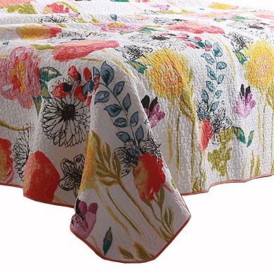 3 Piece Cotton Full Size Quilt Set with Stencil Flower Print, Multicolor