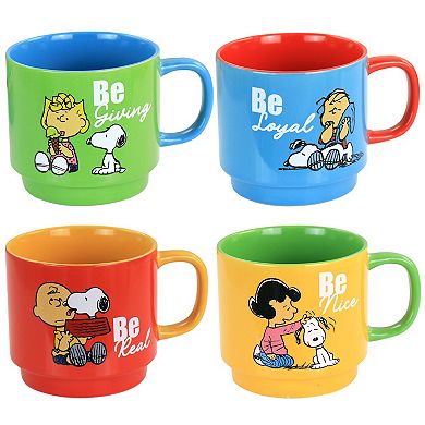 Gibson Everyday Peanuts Classic Gentle Reminders Collection 4 Piece Stoneware Stackable Mug Set with Metal Stand in Assorted Colors