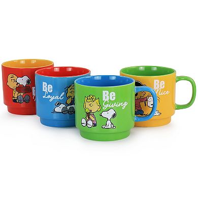 Gibson Everyday Peanuts Classic Gentle Reminders Collection 4 Piece Stoneware Stackable Mug Set with Metal Stand in Assorted Colors