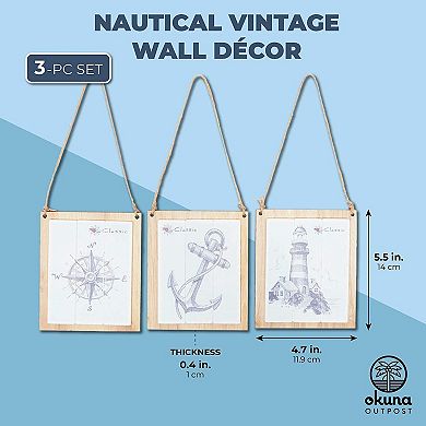 Okuna Outpost Nautical Wall Decor, Wooden Vintage Designs for Home Decor (5.5 x 4.7 In, 3 Pack)