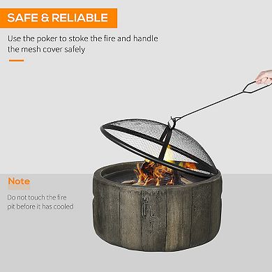 Outsunny Outdoor Fire Pit, 18 Inch Metal Wood Burning Fireplace with Spark Cover, Poker, Dark Brown