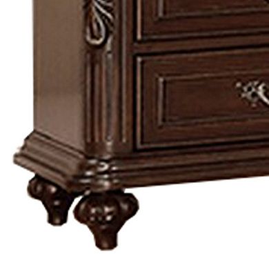 30 Inches 3 Drawer Engraved Wooden Nightstand, Brown