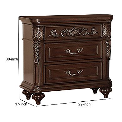 30 Inches 3 Drawer Engraved Wooden Nightstand, Brown