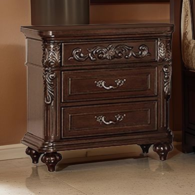 30 Inches 3 Drawer Engraved Wooden Nightstand, Brown