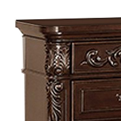 30 Inches 3 Drawer Engraved Wooden Nightstand, Brown