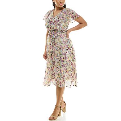 Women's Nina Leonard Flutter Sleeve Floral Fit And Flare Dress