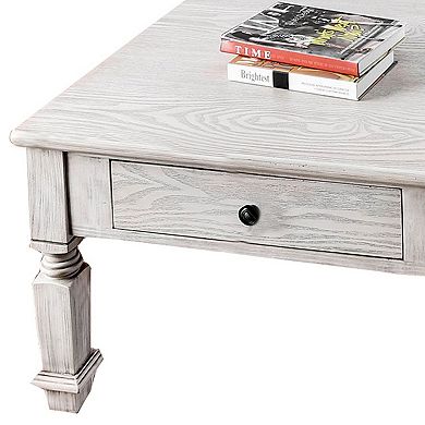 Transitional Wooden Coffee Table With Turned Legs and 2 Drawers, White