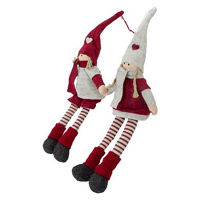 Set of 2 Plush Red and Beige Boy and Girl Sitting Christmas Doll Decorations 19"