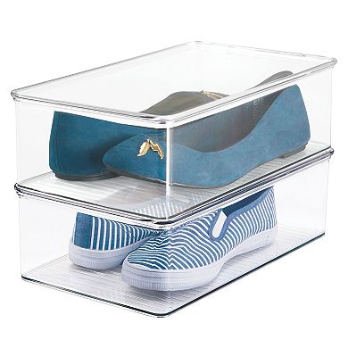 mDesign Plastic Closet Shoe Storage Organizer Box with Hinged Lid, 2 Pack, Clear
