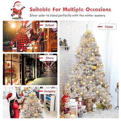 6 Feet Hinged Unlit Artificial Silver Tinsel Christmas Tree with Metal Stand