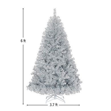 6 Feet Hinged Unlit Artificial Silver Tinsel Christmas Tree with Metal Stand