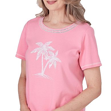 Petite Alfred Dunner Embroidered Palm Tree Short Sleeve Top