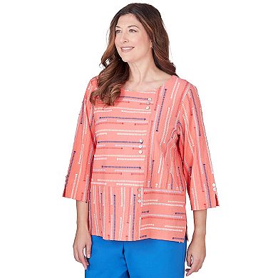 Petite Alfred Dunner Beach Geometric Blouse with Button Details