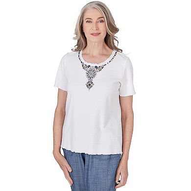Petite Alfred Dunner Beaded Yoke Short Sleeve Scallop Trimmed Top