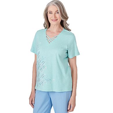 Petite Alfred Dunner Floral Embroidered Lace-Up V-Neck Short Sleeve Top