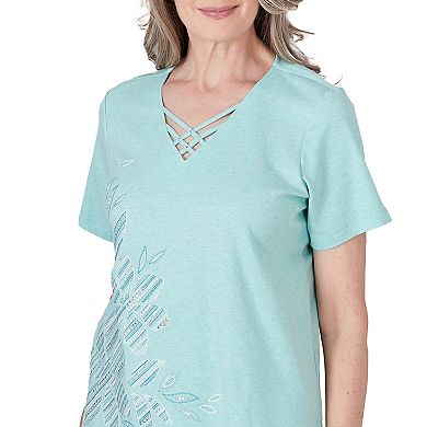Petite Alfred Dunner Floral Embroidered Lace-Up V-Neck Short Sleeve Top