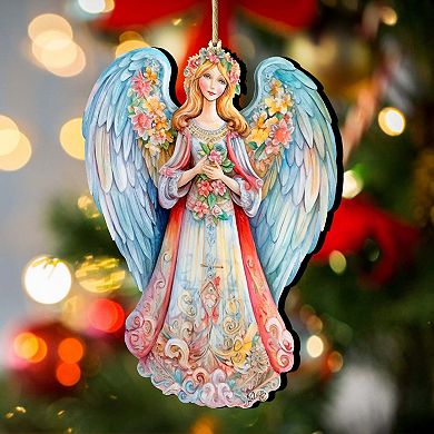 Blue Floral Angel Wooden Holiday Ornaments by G. DeBrekht - Nativity Holiday Decor