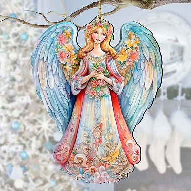 Blue Floral Angel Wooden Holiday Ornaments by G. DeBrekht - Nativity Holiday Decor