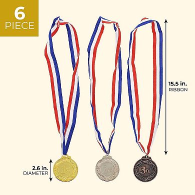 6 Pack 1st, 2nd, 3rd Place 2.6-Inch Award Medals for Kids and Adults Participation with 15.5-Inch Ribbon for Sports, Tournaments, Competitions