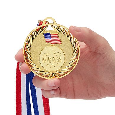 12 Pack Gold 2.75 Inch Real Metal Winner Medals for All Ages with 15 Inch Ribbon, Participation Awards with American Flag for Sports Tournaments and Competitions