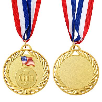 12 Pack Gold 2.75 Inch Real Metal Winner Medals for All Ages with 15 Inch Ribbon, Participation Awards with American Flag for Sports Tournaments and Competitions