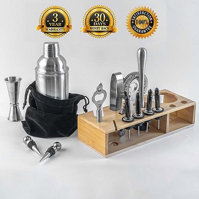 Stainless Steel Cocktail Shaker Set with Stand - 17-Piece Mixology Bartender Kit, Bar Set - 25oz Martini Shaker, Jigger, Strainer, Muddler, Mixing Spoon