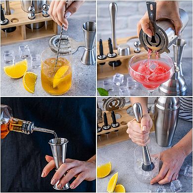 Stainless Steel Cocktail Shaker Set with Stand - 17-Piece Mixology Bartender Kit, Bar Set - 25oz Martini Shaker, Jigger, Strainer, Muddler, Mixing Spoon