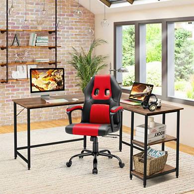 L Shaped Corner Computer Desk with Storage Shelves for Home Office Work-Brown