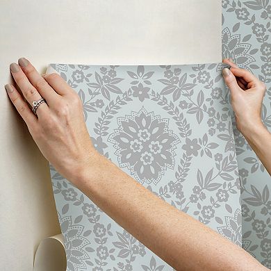 RoomMates Blue and Silver Boho Baroque Damask Peel and Stick Wallpaper