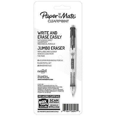 Paper Mate® Clearpoint Mechanical Pencils, HB #2 Lead (0.7mm) - 2 Pencils, 1 Lead Refill Set, 2 Erasers