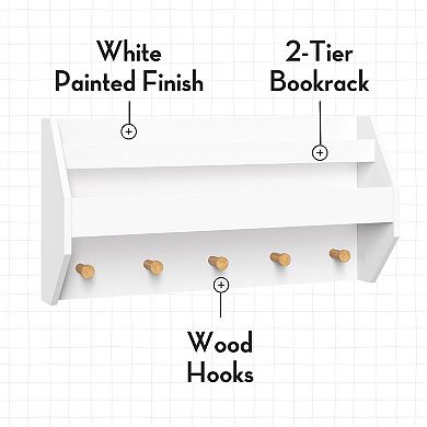 RiverRidge Kids Catch-All Wall Shelf with Bookrack and Hooks