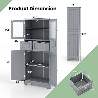 4 Door Freee-Standing Bathroom Cabinet with 2 Drawers and Glass Doors