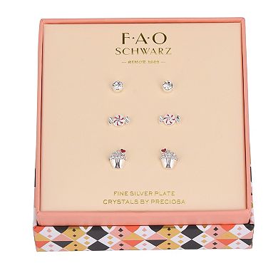 FAO Schwarz Silver Tone Crystal Cupcake & Peppermint Trio Stud Earrings Set