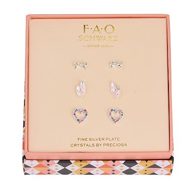 FAO Schwarz Silver Tone Crystal Ballet Slipper Trio Stud Earrings Set