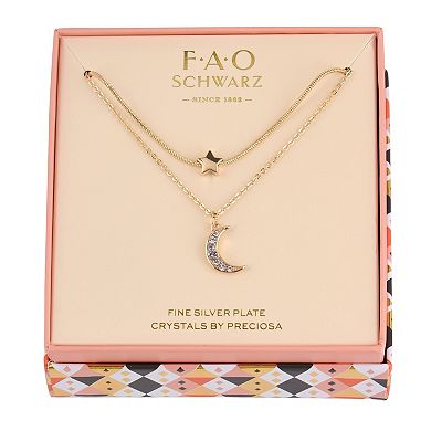 FAO Schwarz Gold Tone Crystal Star & Moon Duo Necklaces Set