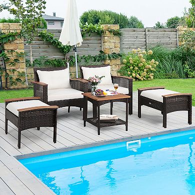 5 Pieces Patio Rattan Furniture Set with Acacia Wood Table