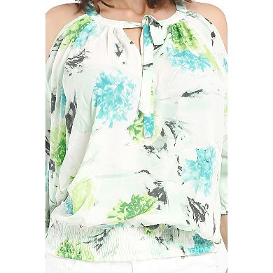 Women's Chiffon Blouse Floral Print Cold Shoulder 3/4 Sleeves