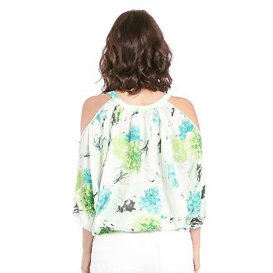 Women's Chiffon Blouse Floral Print Cold Shoulder 3/4 Sleeves