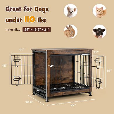 Wooden Dog Crate Furniture with Tray and Double Door-Brown