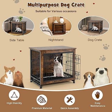 Wooden Dog Crate Furniture with Tray and Double Door-Brown