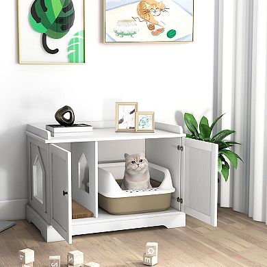 Wooden Cat House with Scratching Pad and Adjustable Divider-White