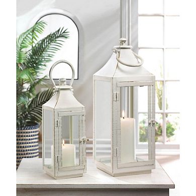 Distressed White Metal Candle Lantern - 12 inches