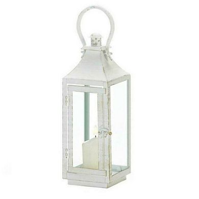 Distressed White Metal Candle Lantern - 12 inches