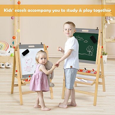 Kids Art Easel with Paper Roll Double Sided Chalkboard and Whiteboard-Gray