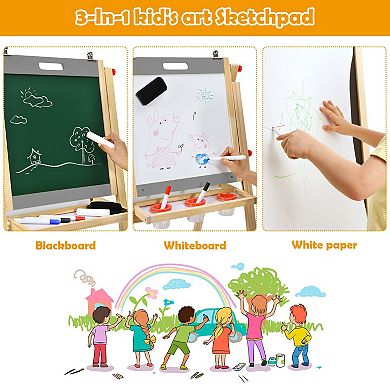 Kids Art Easel with Paper Roll Double Sided Chalkboard and Whiteboard-Gray