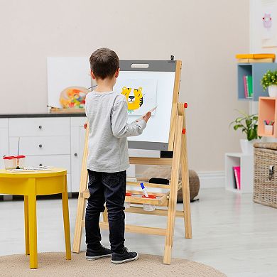 Kids Art Easel with Paper Roll Double Sided Chalkboard and Whiteboard-Gray