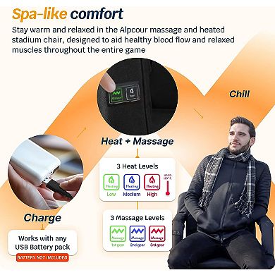 Alpcour Wide Heated Massage Reclining Stadium Seat - Waterproof Foldable Camping Chair with Extra Thick Padding and Wide Back Support