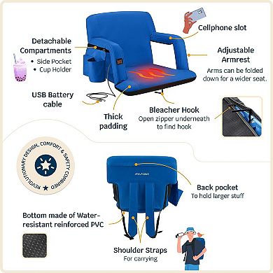 Alpcour 25-Inch Extra-Wide Heated Reclining Stadium Seat - Waterproof Foldable Camping Chair with Extra Thick Padding and Wide Back Support